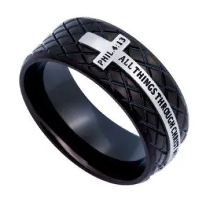 All Things Through Christ Black Diamond Cross Ring