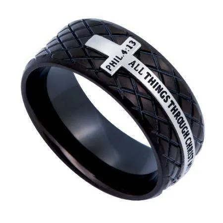 All Things Through Christ Black Diamond Cross Ring