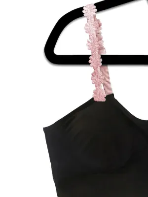 Black Basic Bra with Pink Flower Strap