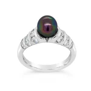 Black Cultured Pearl & Diamond Ring