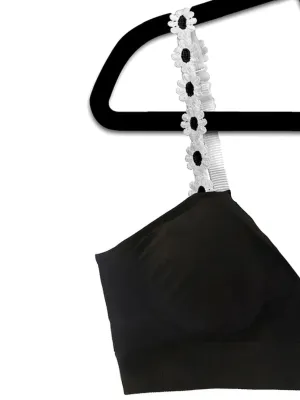 Black Plunge Bra with White Black Flower Strap