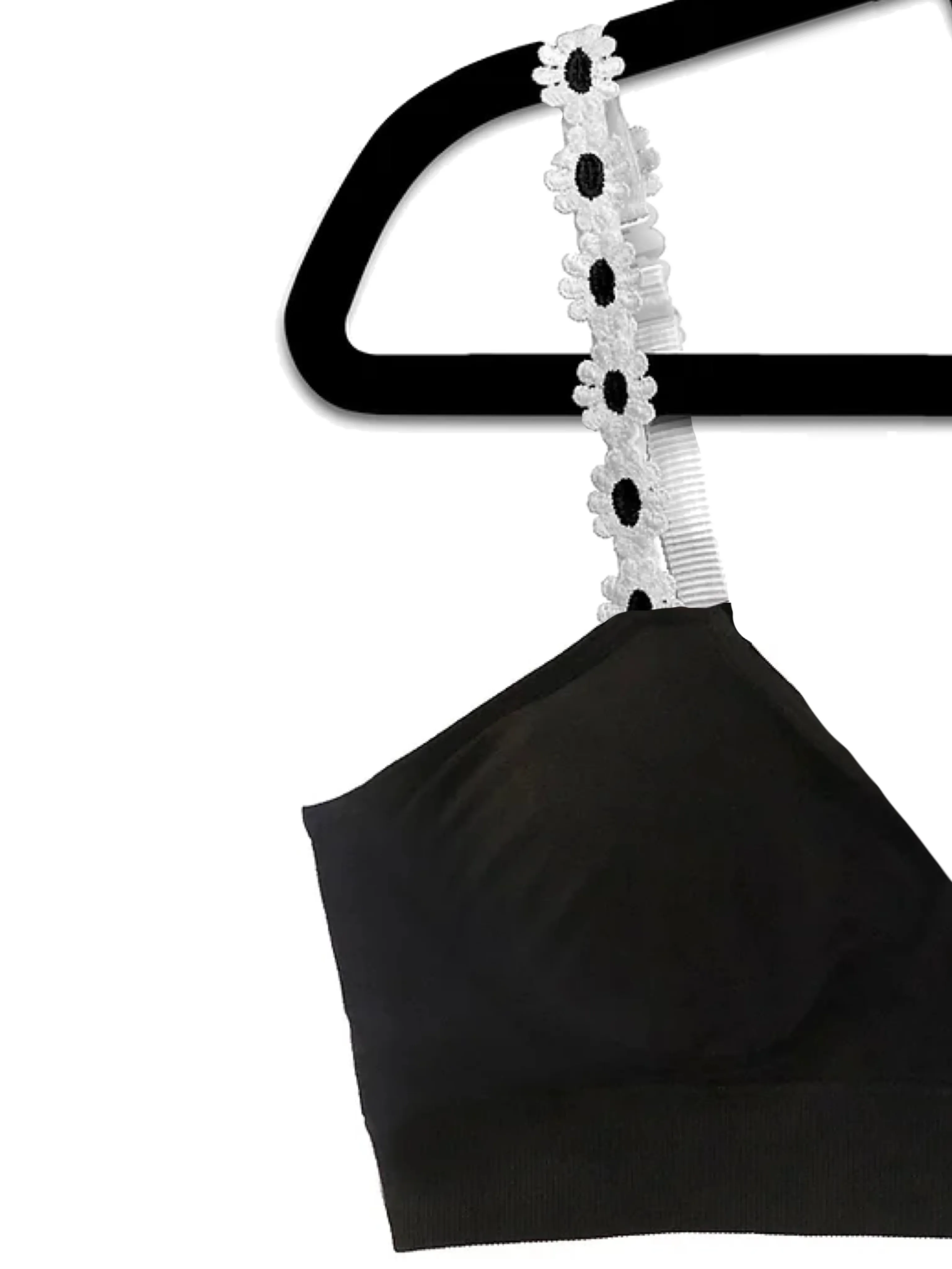 Black Plunge Bra with White Black Flower Strap