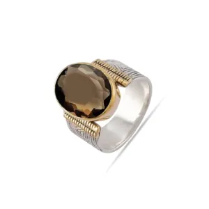 Smokey Quartz in Gold Vermeil With Sterling Silver Band Ring